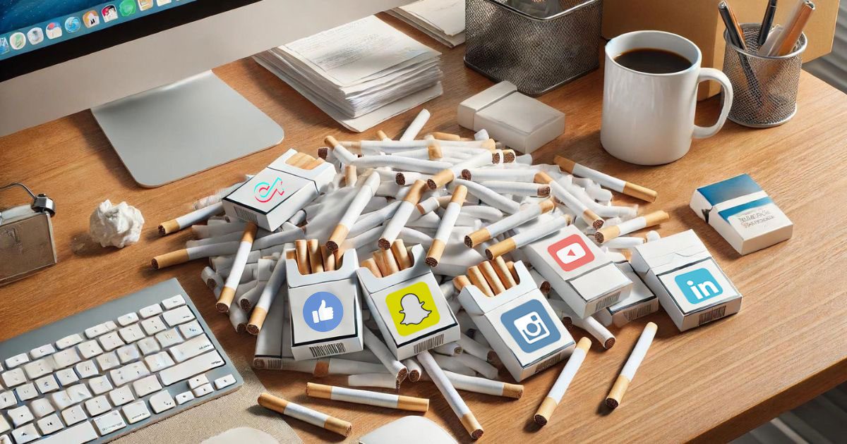 Image of a desk scattered with "social media cigarette" packets, to illustrate the article, Are You a Post-a-Day Social Media User?