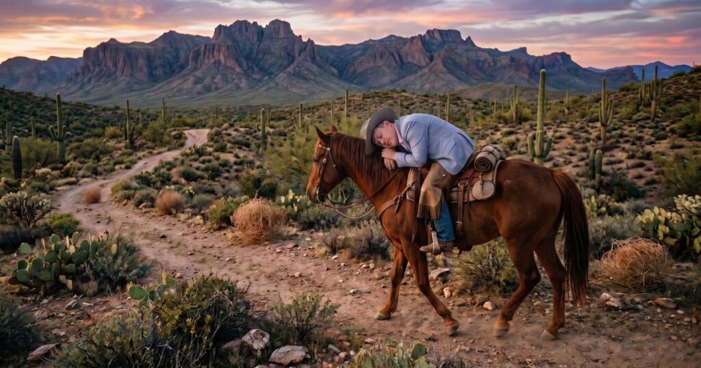 Steve Davis slumped asleep while riding a horse to illustrate the article, Would You Sleep While Riding A Horse? The Dangers Of Lazy AI Use In Small Business